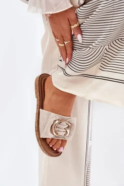 Płaskie Klapki Damskie Z Ozdobnym Detalem Beżowe Nellodra