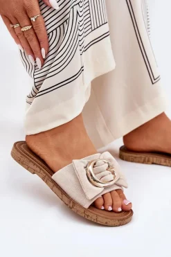 Płaskie Klapki Damskie Z Ozdobnym Detalem Beżowe Nellodra