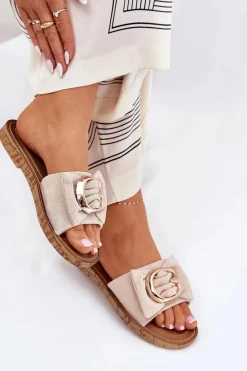 Płaskie Klapki Damskie Z Ozdobnym Detalem Beżowe Nellodra