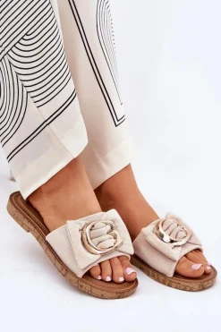 Płaskie Klapki Damskie Z Ozdobnym Detalem Beżowe Nellodra