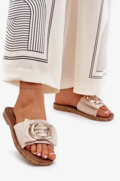 Płaskie Klapki Damskie Z Ozdobnym Detalem Beżowe Nellodra