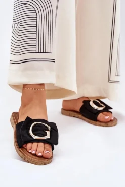 Płaskie Klapki Damskie Z Ozdobnym Detalem Czarne Nellodra