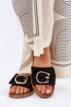 Płaskie Klapki Damskie Z Ozdobnym Detalem Czarne Nellodra