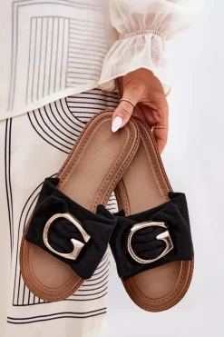 Płaskie Klapki Damskie Z Ozdobnym Detalem Czarne Nellodra