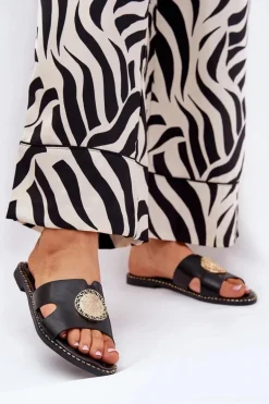 Płaskie Klapki Damskie Z Ozdobnym Detalem Czarne Oferry