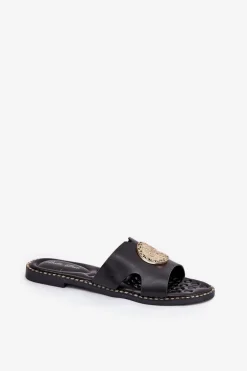 Płaskie Klapki Damskie Z Ozdobnym Detalem Czarne Oferry