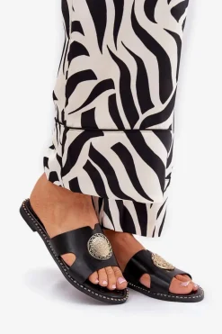 Płaskie Klapki Damskie Z Ozdobnym Detalem Czarne Oferry