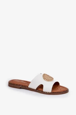 Płaskie Klapki Damskie Z Ozdobnym Detalem Białe Oferry