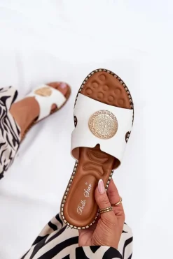 Płaskie Klapki Damskie Z Ozdobnym Detalem Białe Oferry