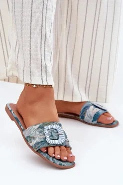 Płaskie Klapki Damskie Z Ozdobną Klamrą Niebieskie Clariola