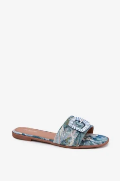 Płaskie Klapki Damskie Z Ozdobną Klamrą Niebieskie Clariola