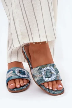 Płaskie Klapki Damskie Z Ozdobną Klamrą Niebieskie Clariola