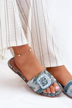 Płaskie Klapki Damskie Z Ozdobną Klamrą Niebieskie Clariola