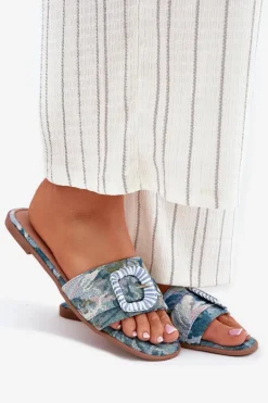 Płaskie Klapki Damskie Z Ozdobną Klamrą Niebieskie Clariola