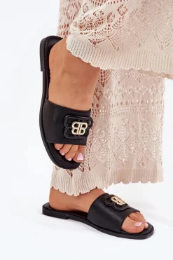 Płaskie Klapki Damskie Z Ozdobnym Detalem Czarne Nenitta