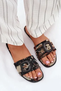 Płaskie Klapki Damskie Z Ozdobną Klamrą Czarne Clariola