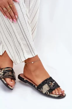 Płaskie Klapki Damskie Z Ozdobną Klamrą Czarne Clariola