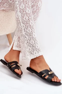 Płaskie Klapki Damskie Z Paseczkiem I Złotym Detalem Czarne Kerenza