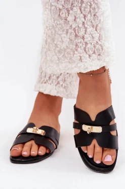 Płaskie Klapki Damskie Z Paseczkiem I Złotym Detalem Czarne Kerenza