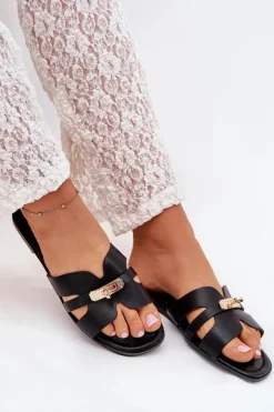 Płaskie Klapki Damskie Z Paseczkiem I Złotym Detalem Czarne Kerenza