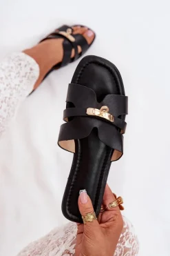 Płaskie Klapki Damskie Z Paseczkiem I Złotym Detalem Czarne Kerenza