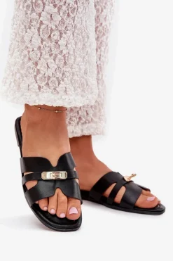 Płaskie Klapki Damskie Z Paseczkiem I Złotym Detalem Czarne Kerenza