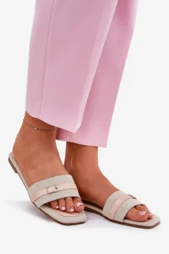 Płaskie Klapki Damskie Z Paskiem I Sprzączką Beżowe Zilina