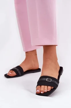 Płaskie Klapki Damskie Z Paskiem I Sprzączką Czarne Zilina