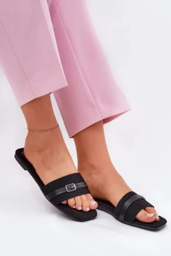 Płaskie Klapki Damskie Z Paskiem I Sprzączką Czarne Zilina