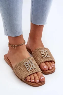 Płaskie Klapki Damskie Z Plecionką I Ozdobą Beżowe Omenna