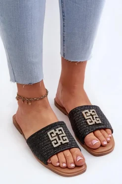 Płaskie Klapki Damskie Z Plecionką I Ozdobą Czarne Omenna