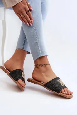 Płaskie Klapki Damskie Z Plecionką I Ozdobą Czarne Omenna