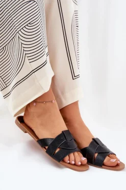 Płaskie Klapki Damskie Z Przeplatającymi Się Paskami Czarne Selaenor