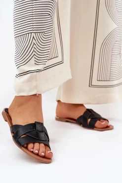 Płaskie Klapki Damskie Z Przeplatającymi Się Paskami Czarne Selaenor