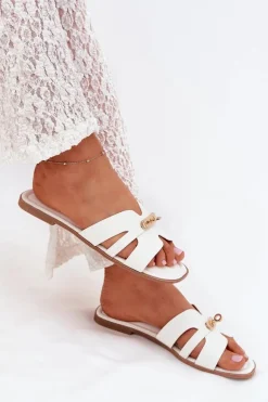 Płaskie Klapki Damskie Z Paseczkiem I Złotym Detalem Białe Kerenza