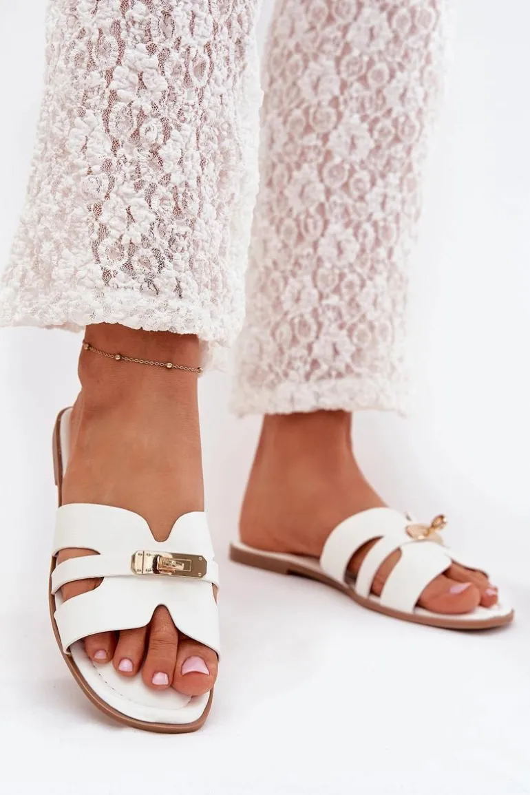 Płaskie Klapki Damskie Z Paseczkiem I Złotym Detalem Białe Kerenza