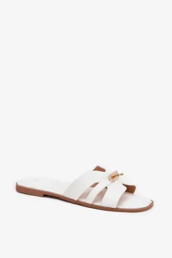 Płaskie Klapki Damskie Z Paseczkiem I Złotym Detalem Białe Kerenza