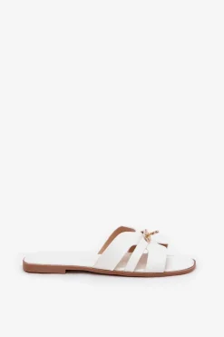 Płaskie Klapki Damskie Z Paseczkiem I Złotym Detalem Białe Kerenza