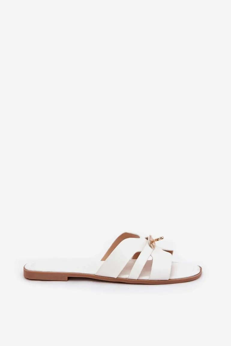 Płaskie Klapki Damskie Z Paseczkiem I Złotym Detalem Białe Kerenza