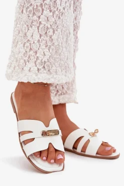 Płaskie Klapki Damskie Z Paseczkiem I Złotym Detalem Białe Kerenza