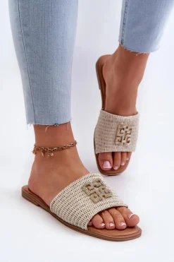 Płaskie Klapki Damskie Z Plecionką I Ozdobą Białe Omenna