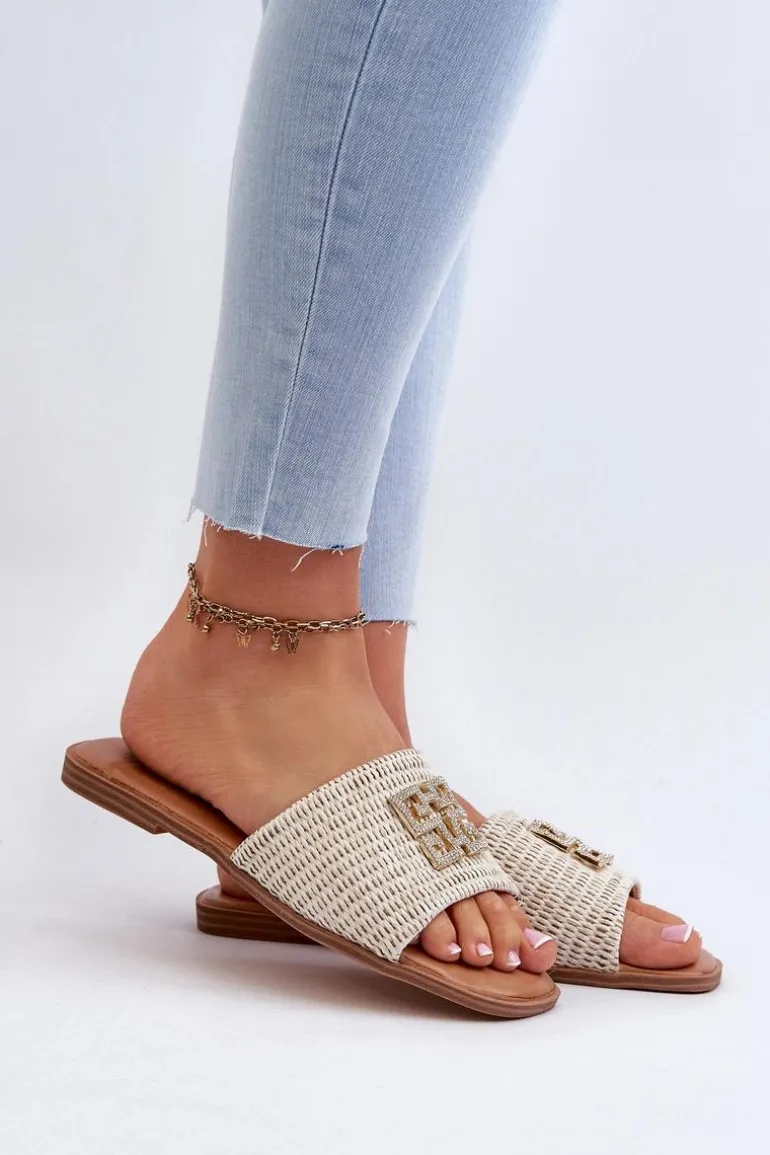 Płaskie Klapki Damskie Z Plecionką I Ozdobą Białe Omenna