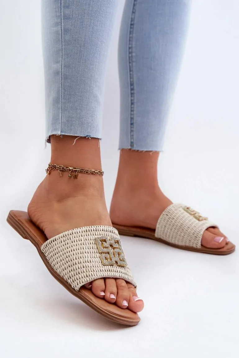 Płaskie Klapki Damskie Z Plecionką I Ozdobą Białe Omenna