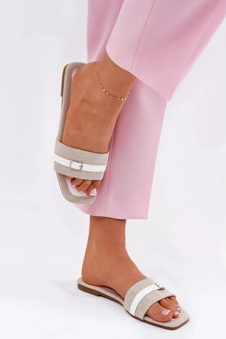 Płaskie Klapki Damskie Z Paskiem I Sprzączką Beżowo-Białe Zilina