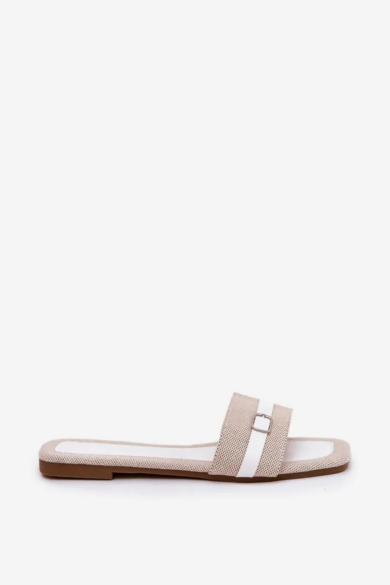 Płaskie Klapki Damskie Z Paskiem I Sprzączką Beżowo-Białe Zilina