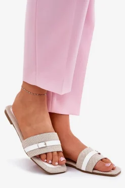 Płaskie Klapki Damskie Z Paskiem I Sprzączką Beżowo-Białe Zilina