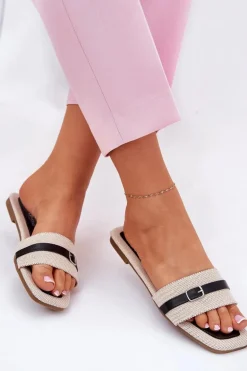 Płaskie Klapki Damskie Z Paskiem I Sprzączką Beżowo-Czarne Zilina