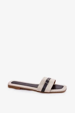 Płaskie Klapki Damskie Z Paskiem I Sprzączką Beżowo-Czarne Zilina