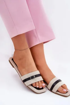 Płaskie Klapki Damskie Z Paskiem I Sprzączką Beżowo-Czarne Zilina