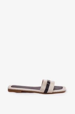 Płaskie Klapki Damskie Z Paskiem I Sprzączką Beżowo-Czarne Zilina